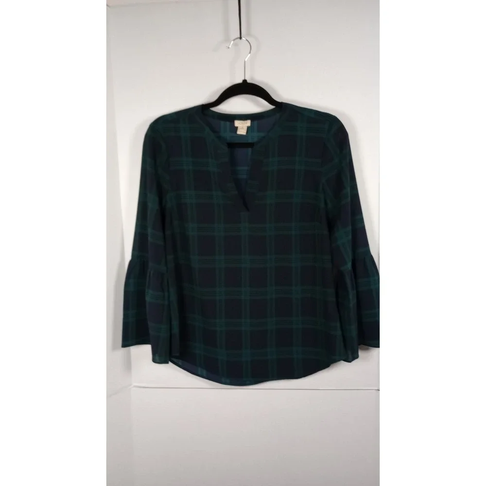 J Crew Green Navy Tartan Plaid Bell Sleeve Blouse Womens Medium Petite H1076